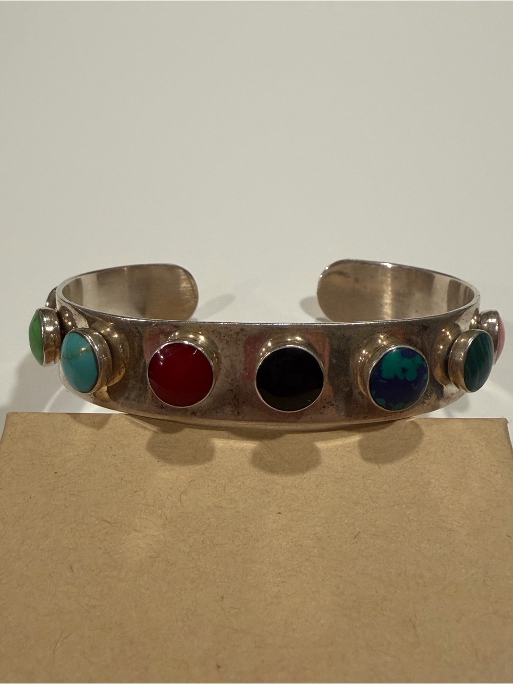 Mexico Taxco Sterling Silver 925 Silver Cuff Bracelet Circular Inlaid Gemstones